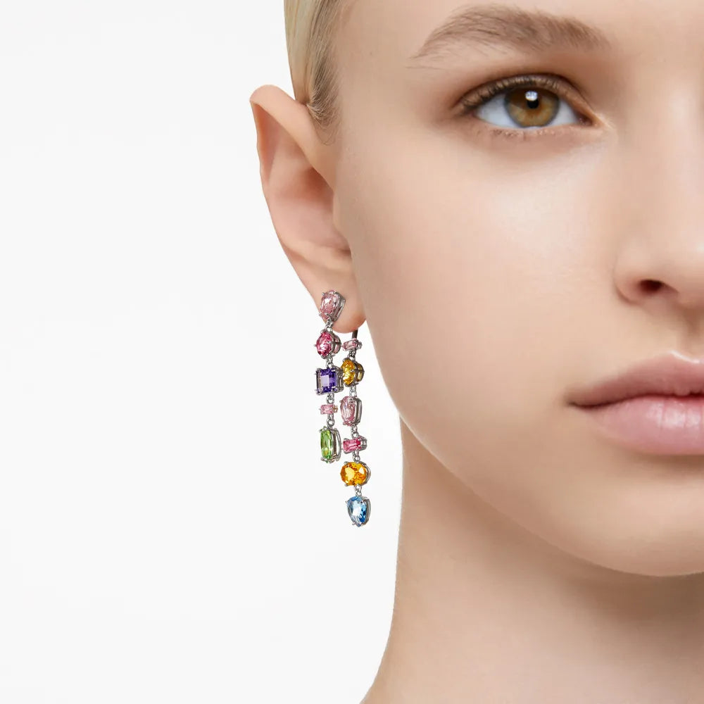 Pendientes largos de gemas, diseño asimétrico, combinación de cortes, grandes, multicolor