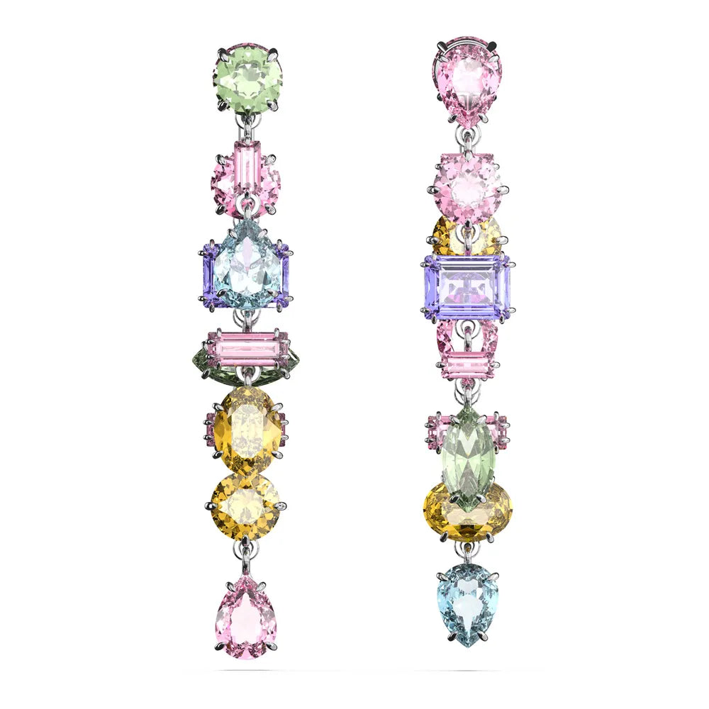 Pendientes largos de gemas, diseño asimétrico, combinación de cortes, grandes, multicolor
