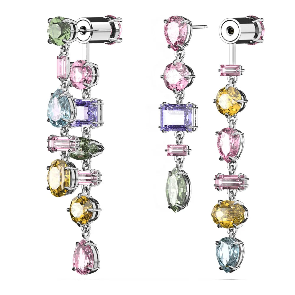 Pendientes largos de gemas, diseño asimétrico, combinación de cortes, grandes, multicolor