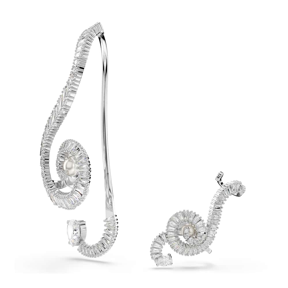 Pendientes de clip Ariana Grande x Swarovski, diseño asimétrico, perla de cristal, talla baguette, blancos, baño de rodio
