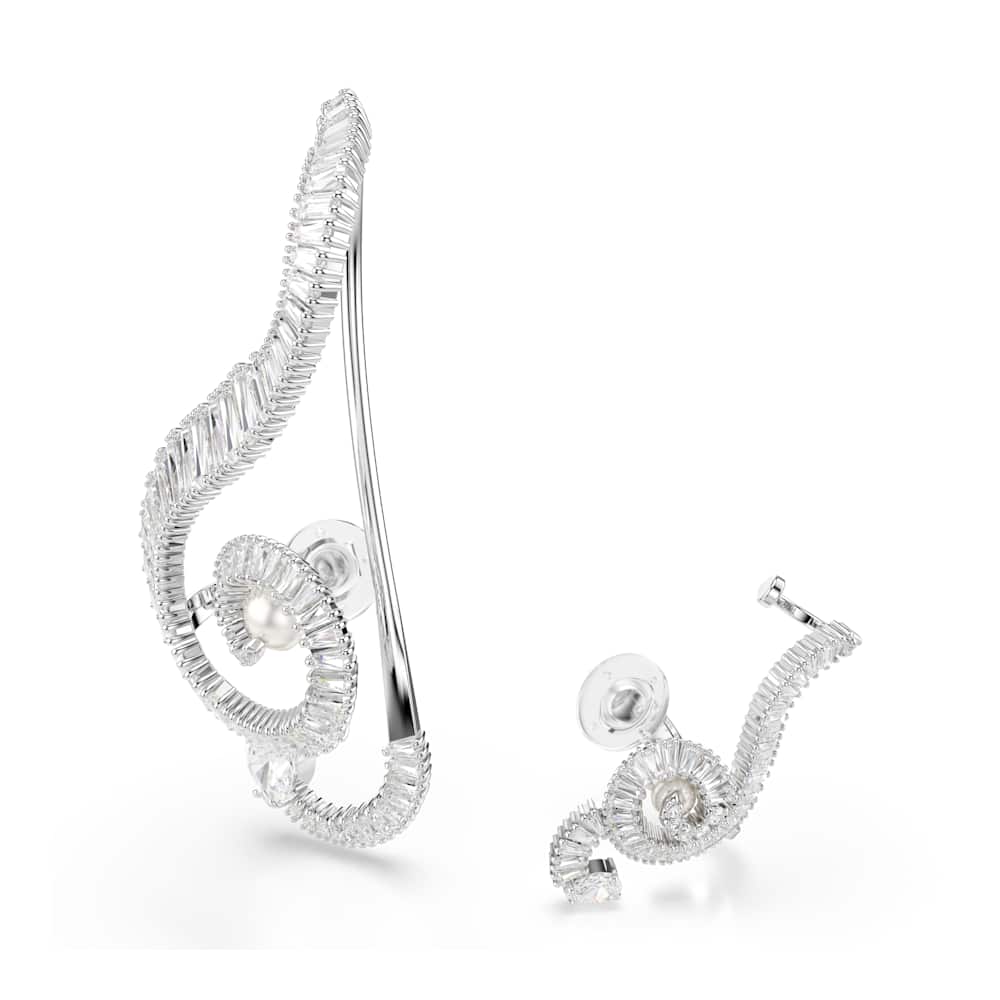 Pendientes de clip Ariana Grande x Swarovski, diseño asimétrico, perla de cristal, talla baguette, blancos, baño de rodio
