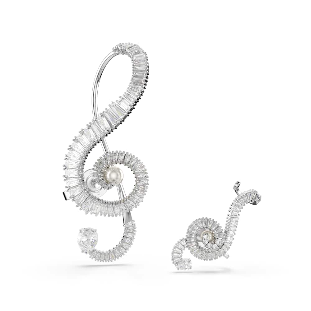 Pendientes de clip Ariana Grande x Swarovski, diseño asimétrico, perla de cristal, talla baguette, blancos, baño de rodio