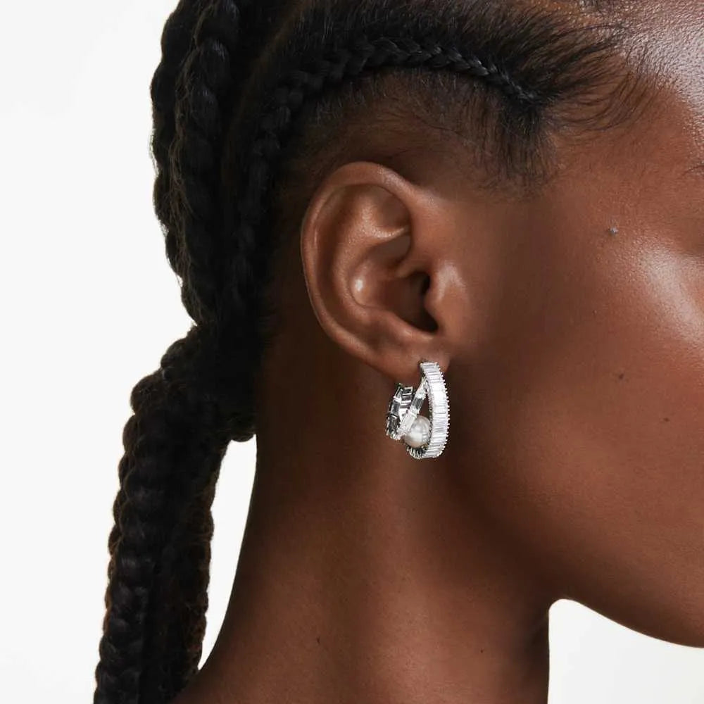 Pendientes de aro Ariana Grande x Swarovski, perla de cristal, talla baguette, blancos, baño de rodio
