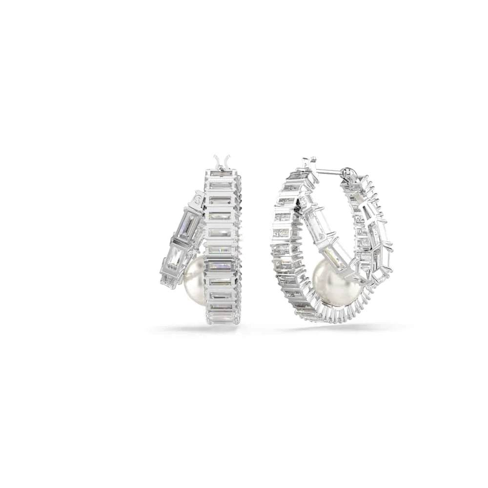Pendientes de aro Ariana Grande x Swarovski, perla de cristal, talla baguette, blancos, baño de rodio