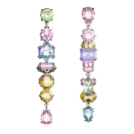 Pendientes largos de gemas, diseño asimétrico, combinación de cortes, grandes, multicolor