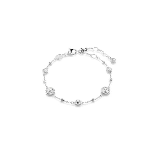 Pulsera de ámbar, talla redonda, blanca, bañada en rodio