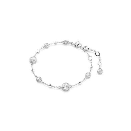 Pulsera de ámbar, talla redonda, blanca, bañada en rodio