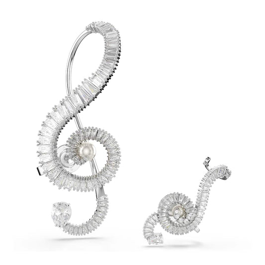 Pendientes de clip Ariana Grande x Swarovski, diseño asimétrico, perla de cristal, talla baguette, blancos, baño de rodio