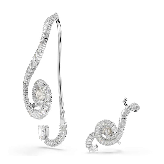 Pendientes de clip Ariana Grande x Swarovski, diseño asimétrico, perla de cristal, talla baguette, blancos, baño de rodio
