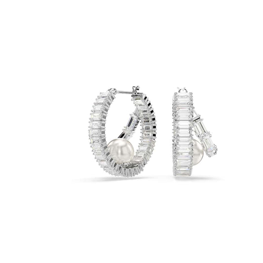 Pendientes de aro Ariana Grande x Swarovski, perla de cristal, talla baguette, blancos, baño de rodio